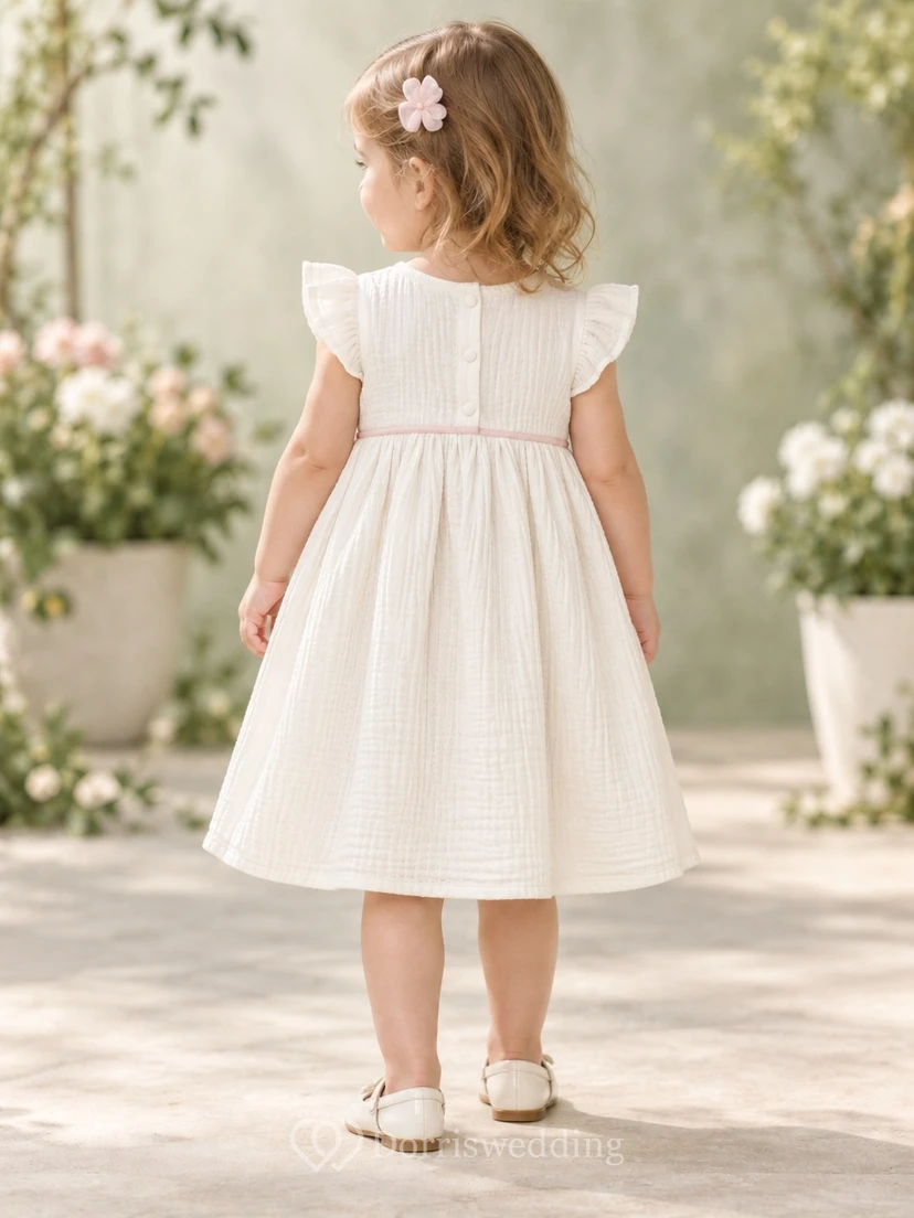 Modest Ivory Knee Length Empire Rounded Flutter Sleeve Full Gauze Flower Girl Dress view 2