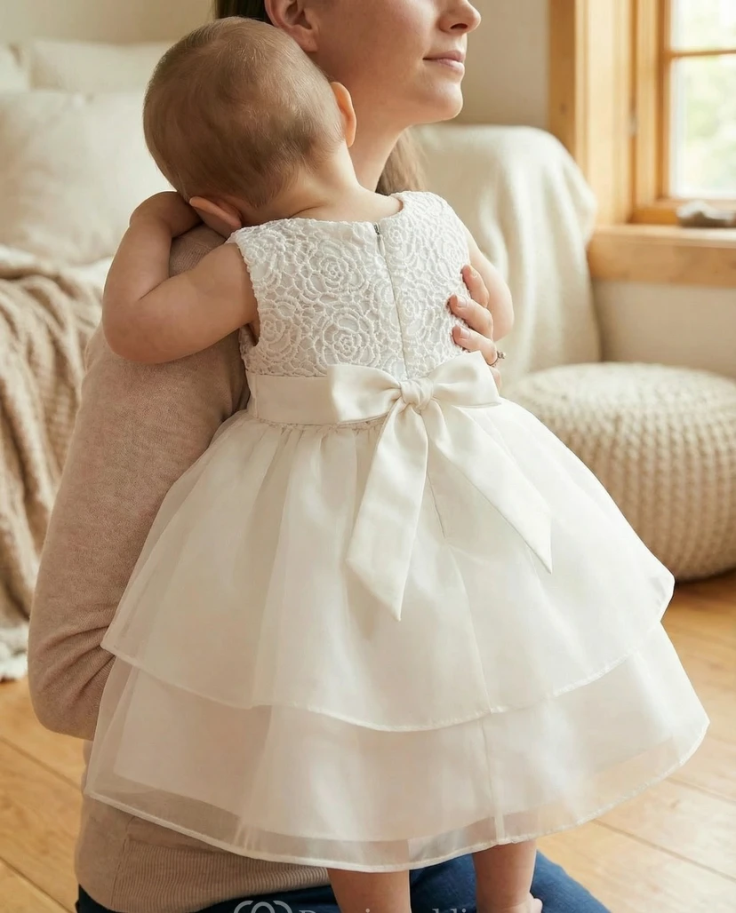 Vestido blanco de niña para bautizo, sin mangas, con corpiño de encaje y falda de tul escalonada. view 2