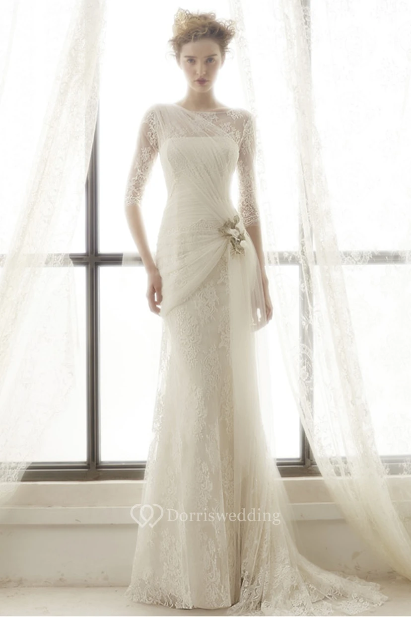 Sheath High Neck Half-Sleeve Tulle Wedding Dress With Lace And Draping