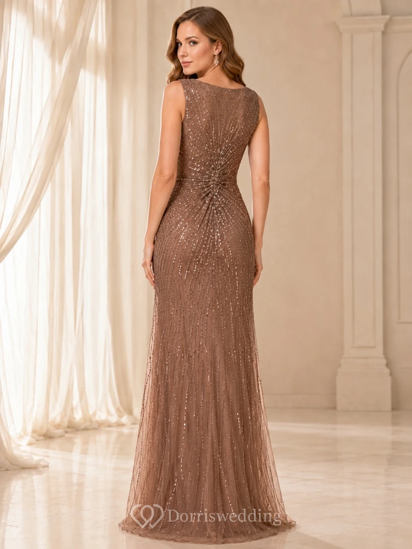 Robe de soirée de luxe Mocha à col bateau, sans manches, en tulle perlé, coupe sirène, longueur au sol, couleur moka view 2