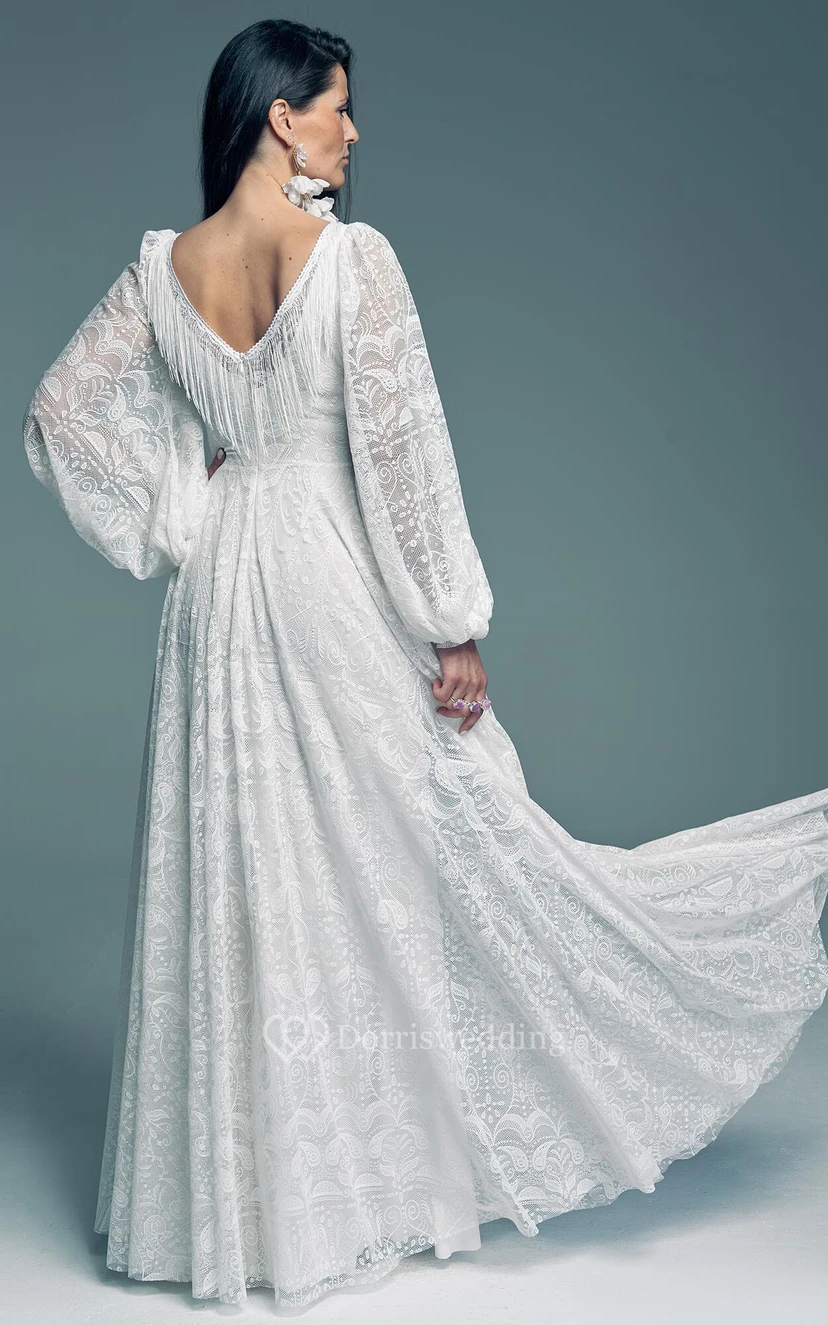 Flowy Chiffon Elegant Puff Long Sleeve Empire Plus Size V Back Modest Wedding Dress view 2