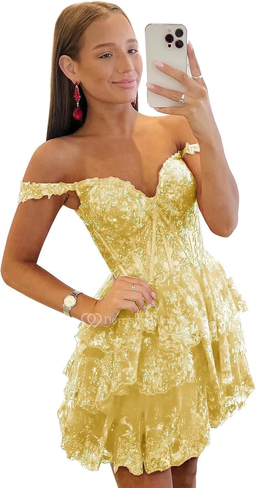 Blue Off-the-Shoulder Short Dress with Lace view 14