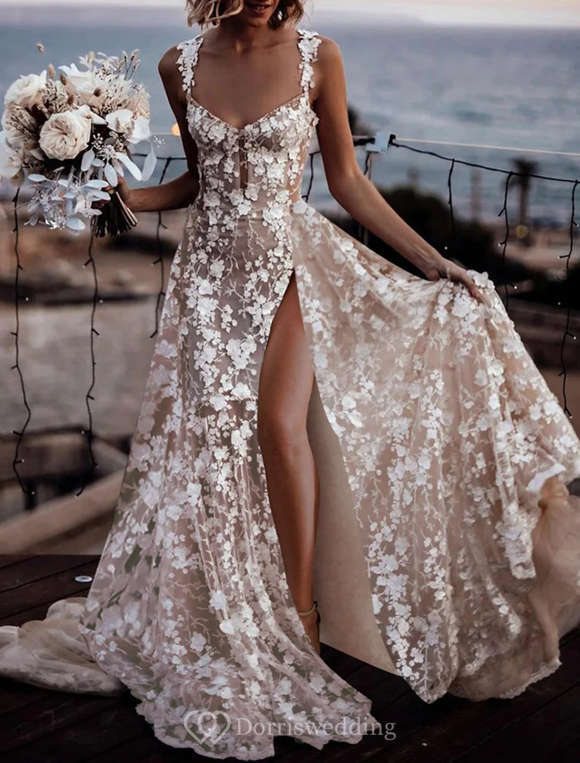 Sultry Floral Applique Wedding Dress with Thigh-High Slit