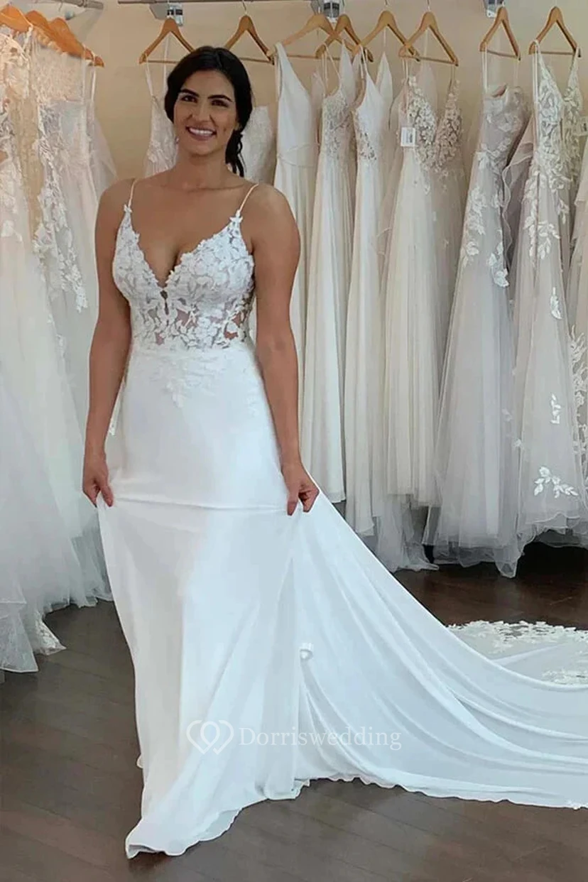 Vestido de novia informal de gasa sexy de talla grande con tirantes finos