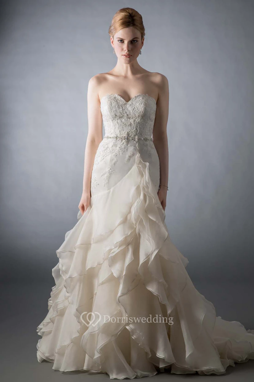 A-Line Sweetheart Appliqued Long Organza Wedding Dress With Cascading Ruffles And Tiers