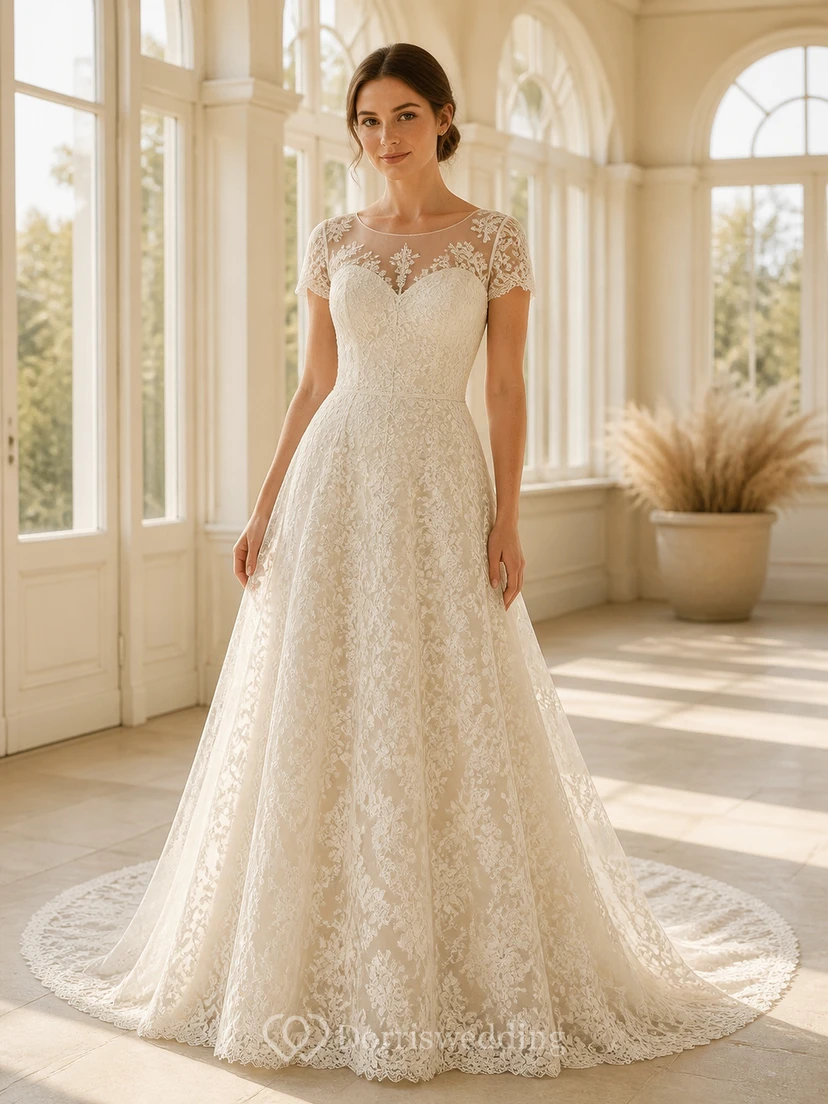 Vestido de novia de corte A con escote joya, manga corta y escote ilusión discreto.