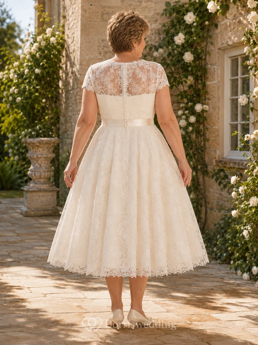 Romantisches Brautkleid in A-Linie mit Teelänge, herzförmigem Ausschnitt, kurzen Ärmeln und Spitze für ältere Bräute in großen Größen view 2