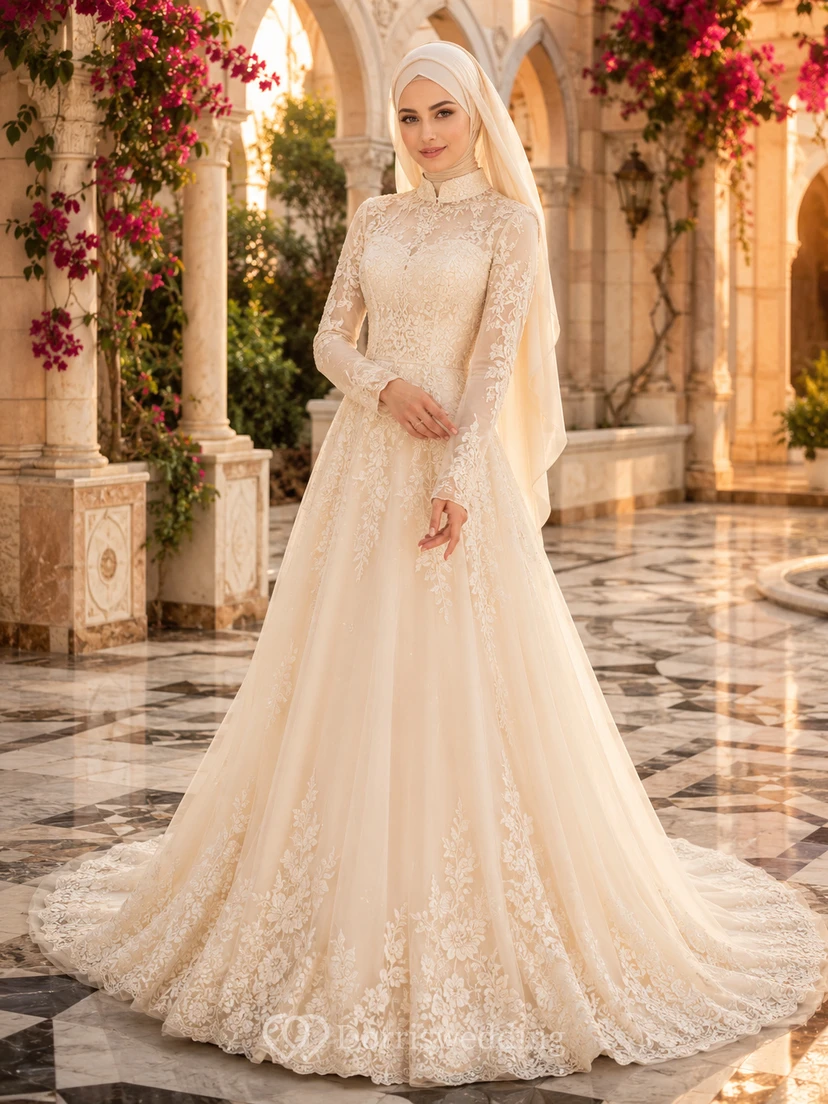 Robe de bal en dentelle avec hijab musulman, robe de mariée pour cour en marbre