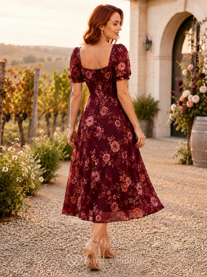 Robe midi trapèze bordeaux à imprimé floral et col carré, manches bouffantes view 2