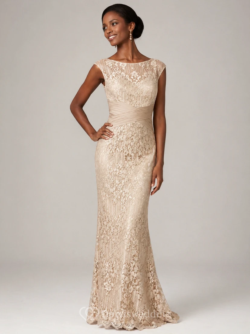 Robe fourreau longue en dentelle à manches courtes pour la mère de la mariée, ornée de fronces croisées view 6