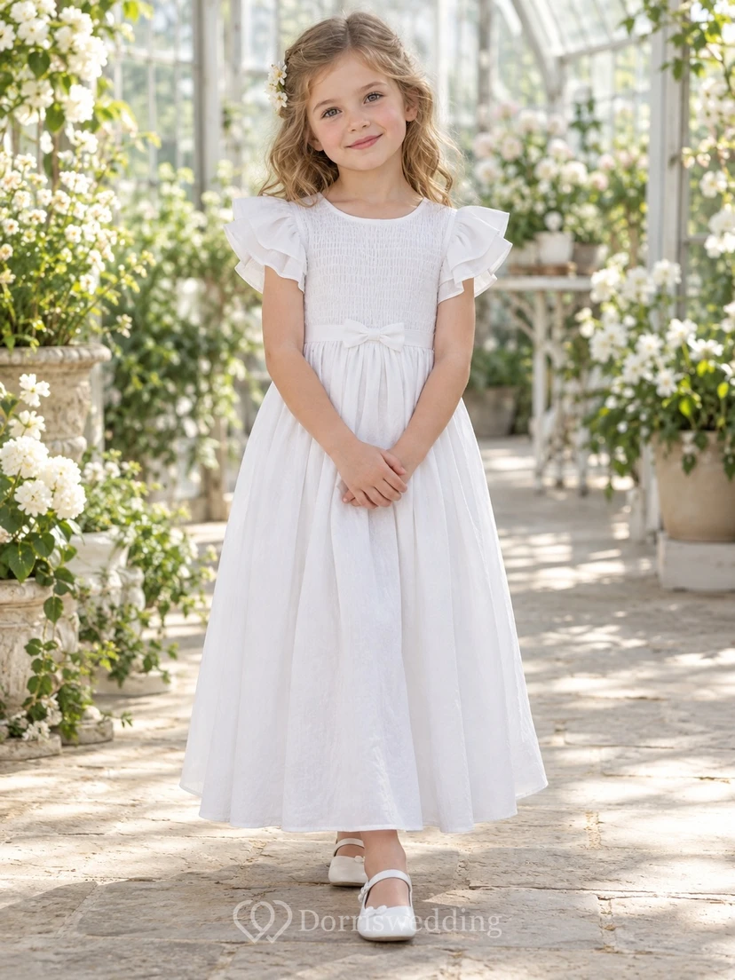 Simple Modest White Ankle-length Scoop Smocked Double-flutter Bow-waist Gathered Gauze Flower Girl Dress