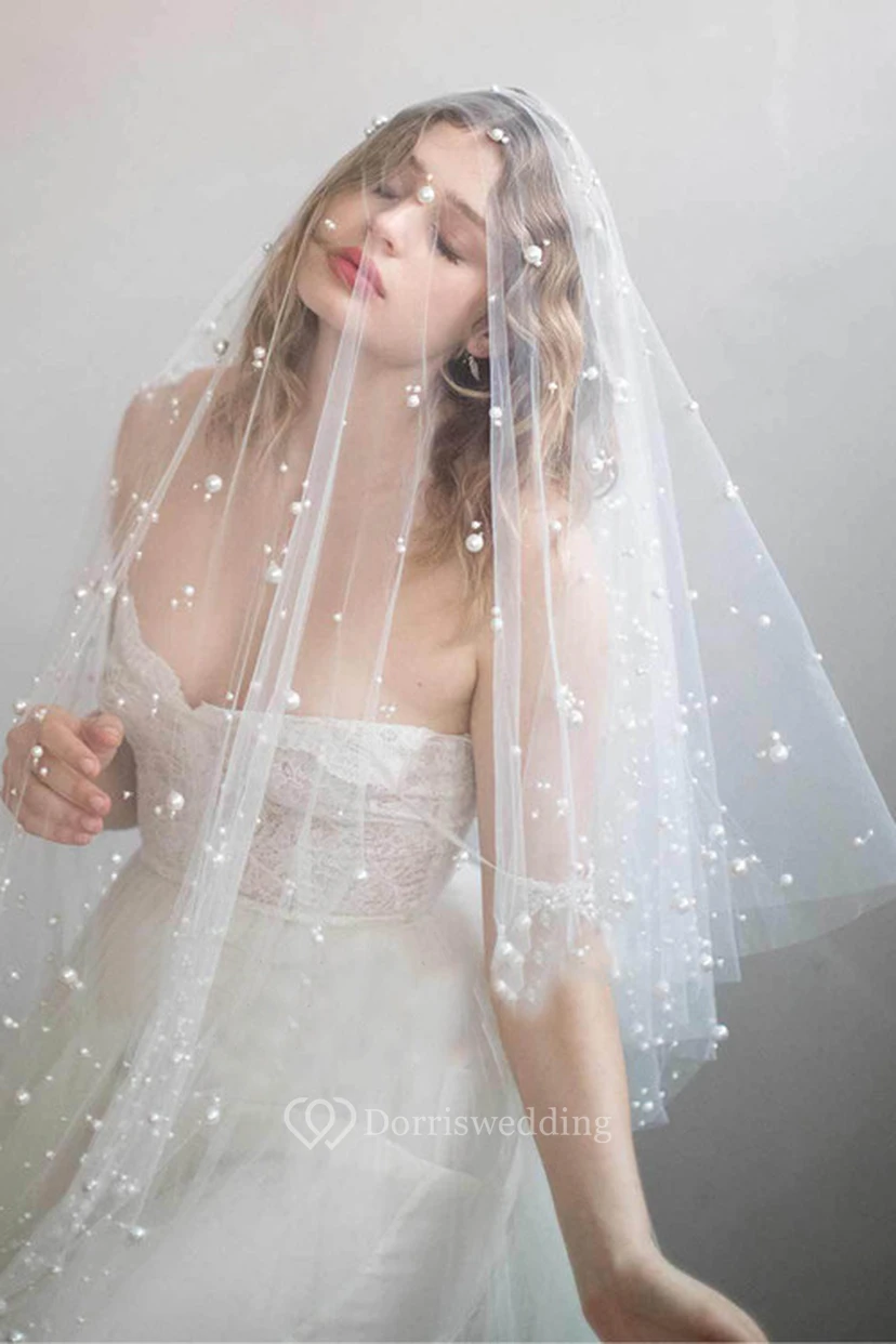 Romantic Fingertip Tulle Wedding Veil with Pearls view 2
