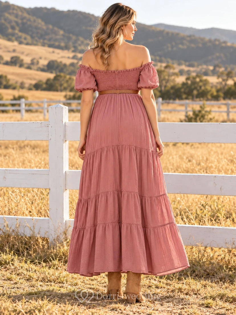 Robe de maternité western rose poudré à épaules dénudées et manches bouffantes à volants view 2