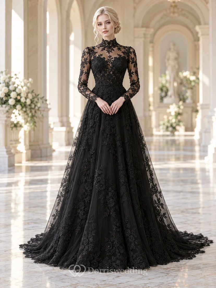 Schwarzes, schlichtes Brautkleid mit hohem Kragen, langen Ärmeln, Spitze, A-Linie und Schleppe
