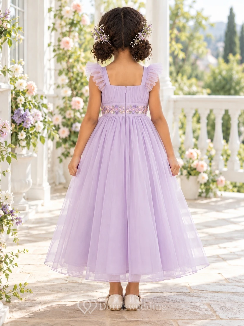 Lavender Square Neck Ruffle Strap Floral Waist Flower Girl Dress view 2