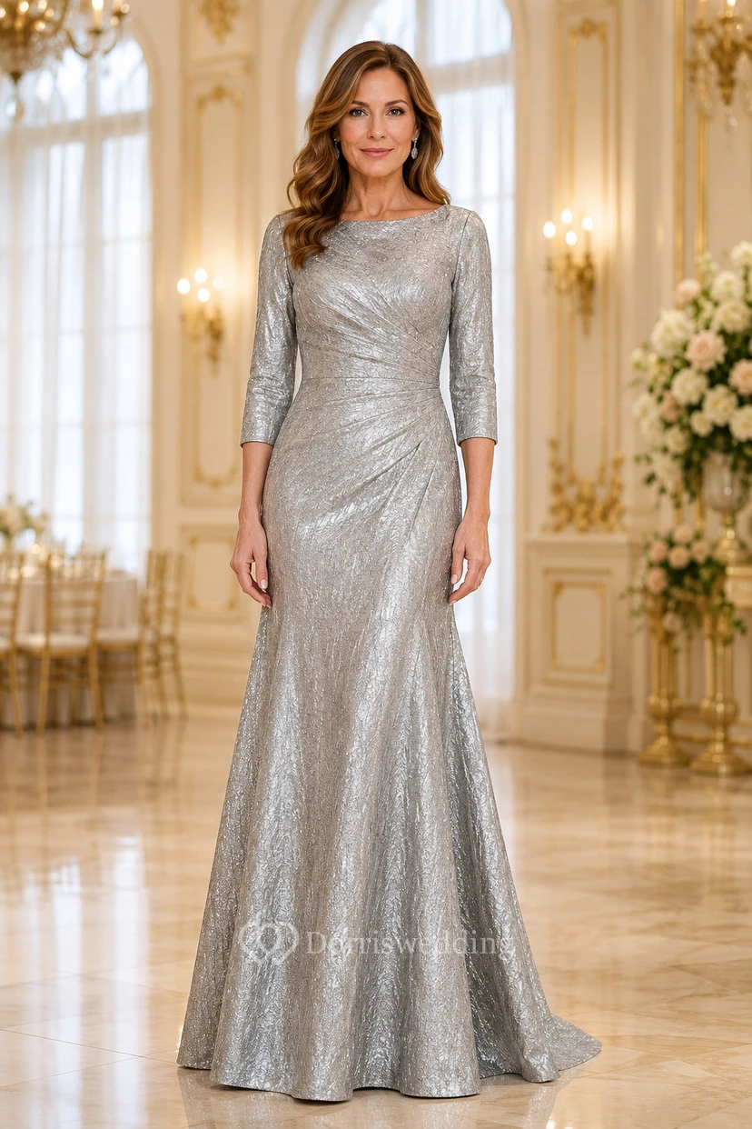 MOB-Kleid, silberfarben, Pailletten, Stretch-Satin, Meerjungfrauen-Stil, 3/4-Ärmel, U-Boot-Ausschnitt, bodenlang, gerafft