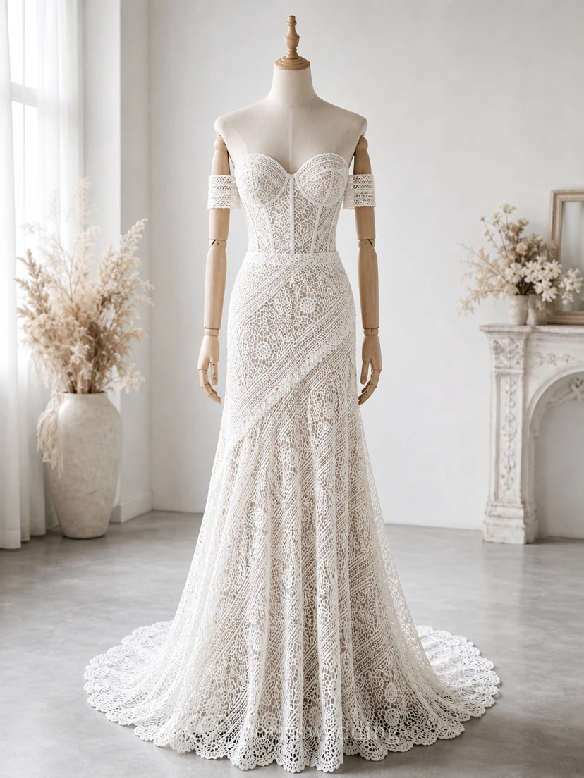 Vestido de novia bohemio de corte imperio con encaje y escote corazón. view 7