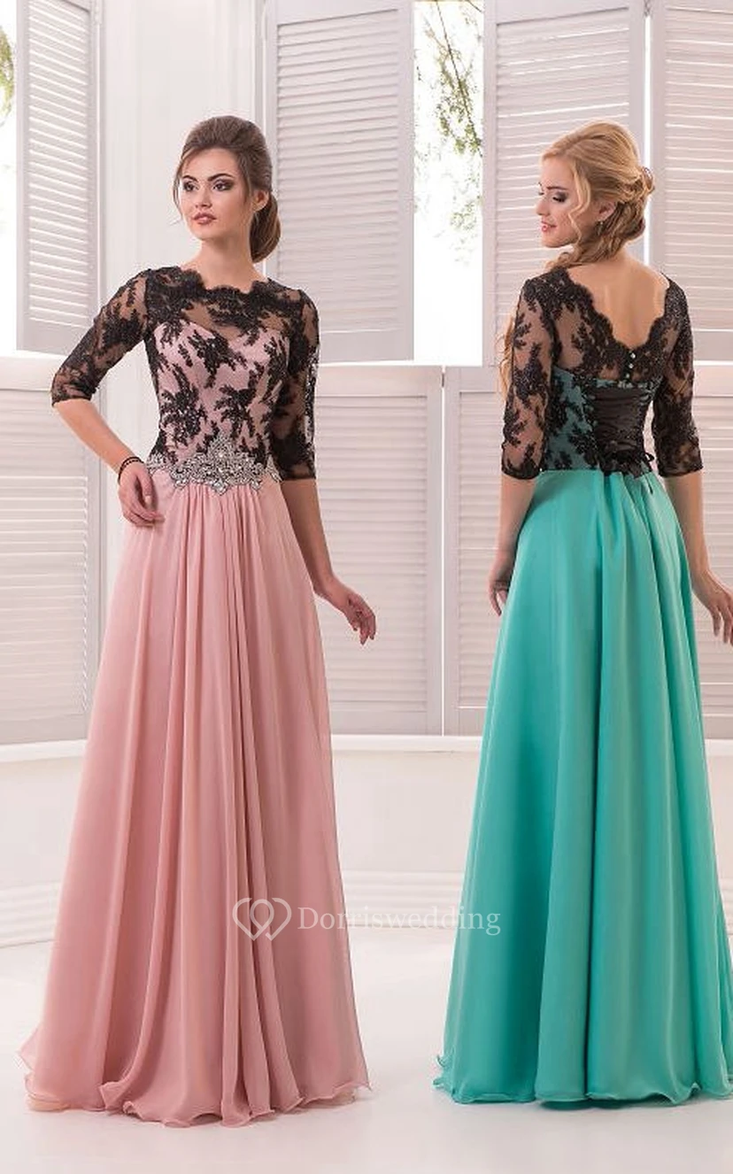 A-Linien-Kleid in Bodenlänge mit hohem Kragen, halben Ärmeln, Chiffon, Perlenstickerei und tiefem V-Ausschnitt am Rücken