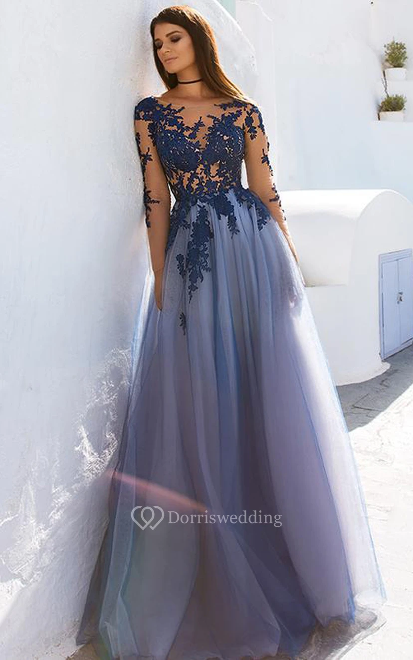 Vintage Lace Tulle A Line Bateau Long Sleeve Prom Dress With Keyhole Appliques
