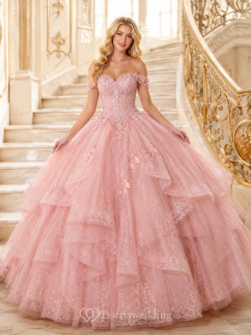 Blushing Pink Luxury Off Shoulder Layered Glitter Tulle Princess Quinceanera Ball Gown