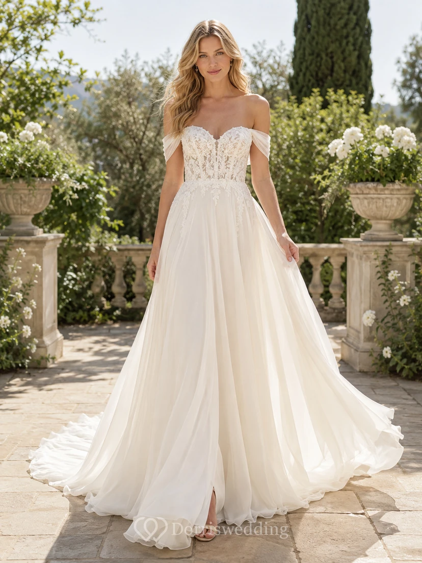 Tüll-Hochzeitskleid, A-Linie, V-Ausschnitt, ärmellos, Kapellenschleppe