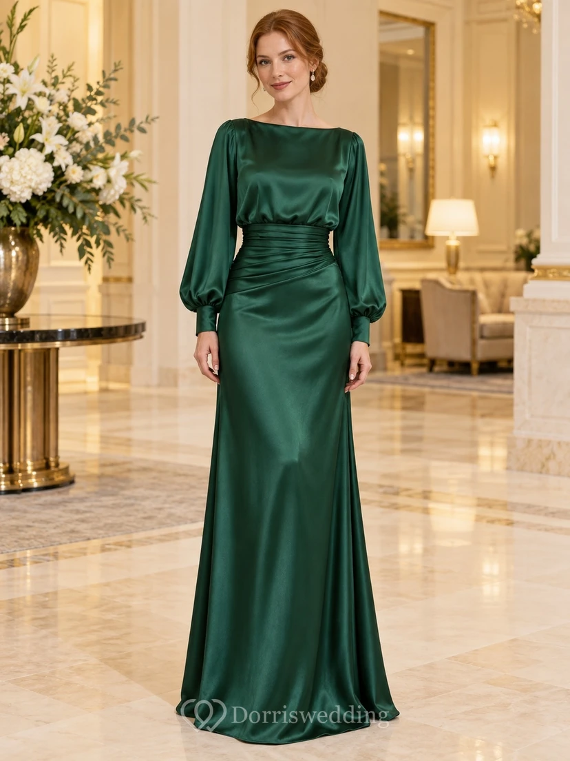 Vestido de noche formal de satén esmeralda, estilo barco, con mangas largas de obispo y cintura fruncida, largo hasta el suelo.