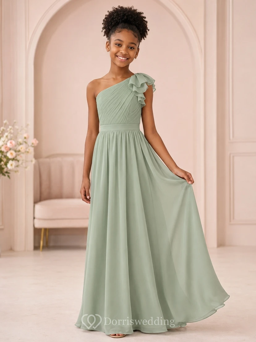 Dusty Celadon Junior Bridesmaid Dress A-Line One-Shoulder Short Sleeve Ruffled Romantic Formal
