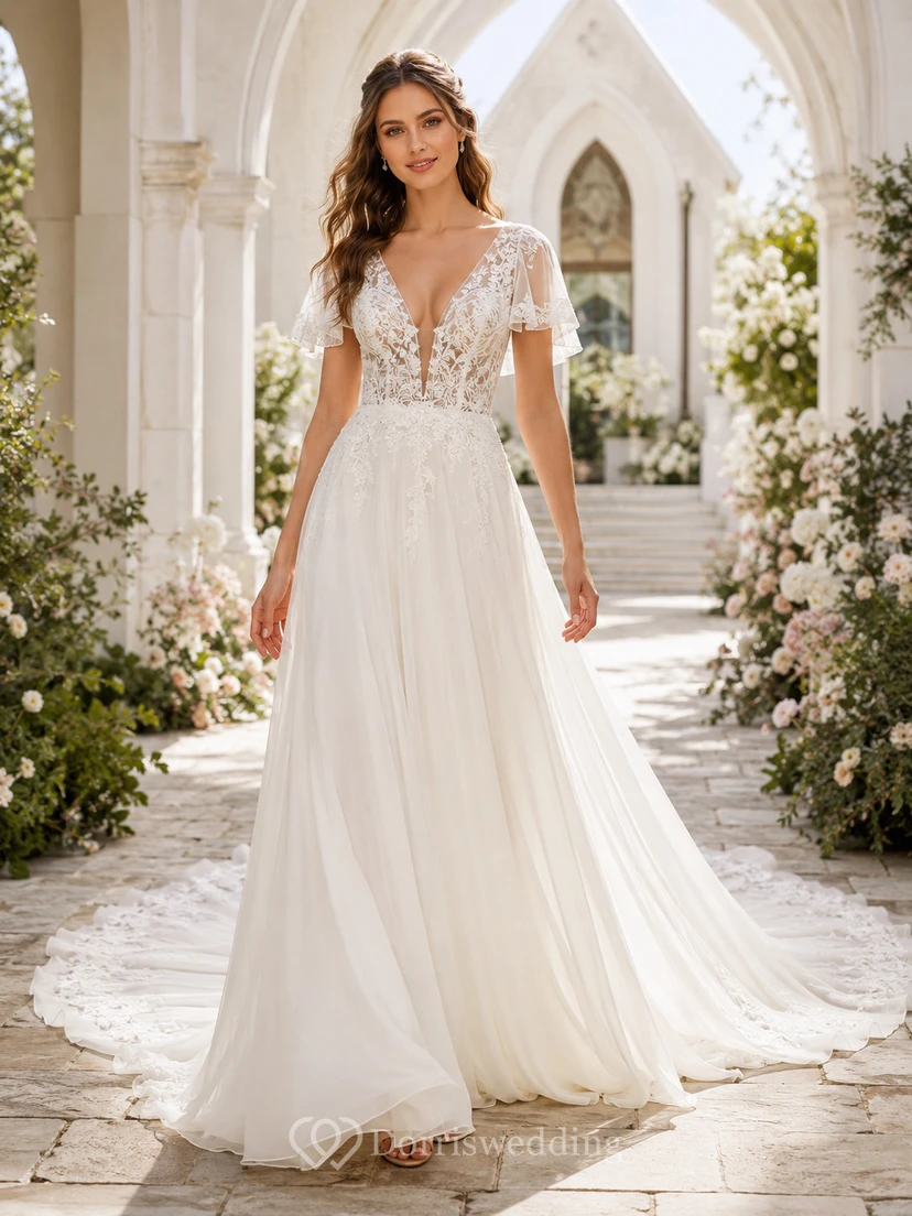 Robe de mariée en mousseline de soie à col en V, manches pétales, dentelle florale appliquée, coupe trapèze, dos nu plongeant et traîne chapelle