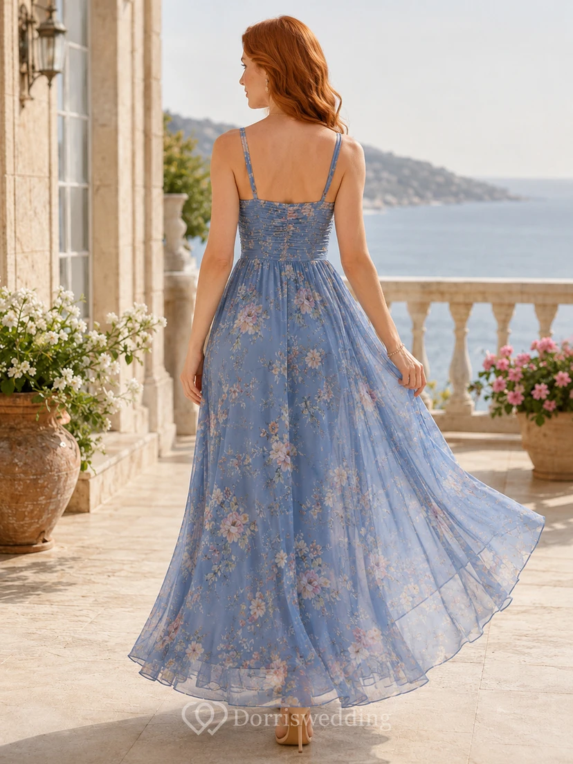 Blue Floral Spaghetti Strap Chiffon Destination Maxi Dress view 2