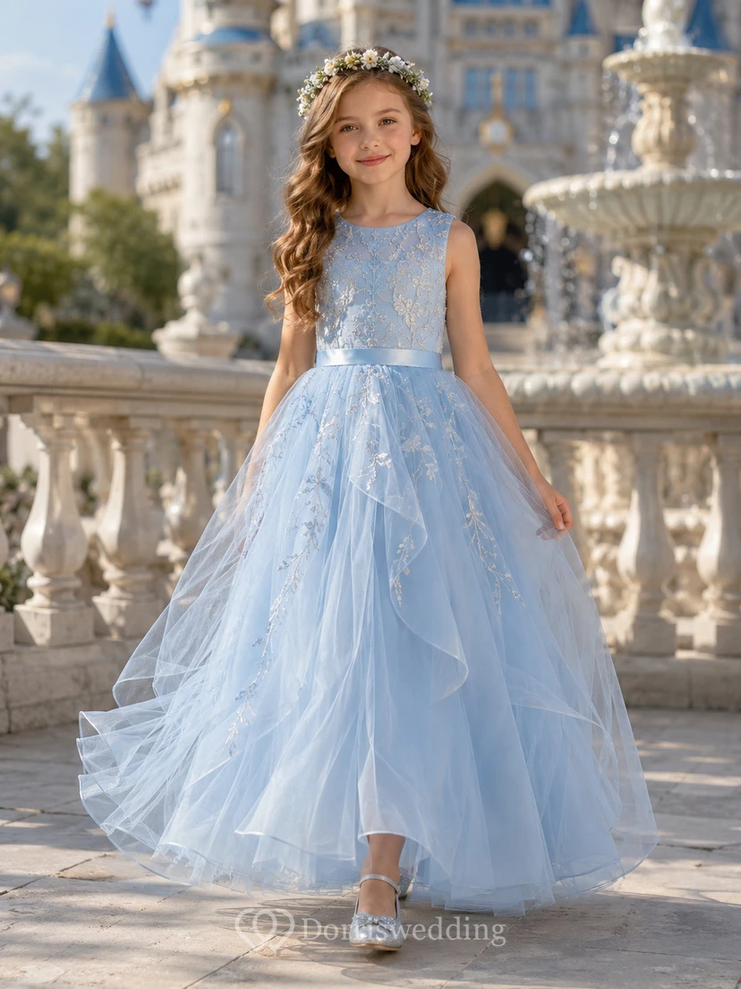 Sky Blue Flower Girl Dress with Sleeveless Floral Embroidered Bodice, Cascading Tulle Floor-Length Ball Gown and Satin Bow
