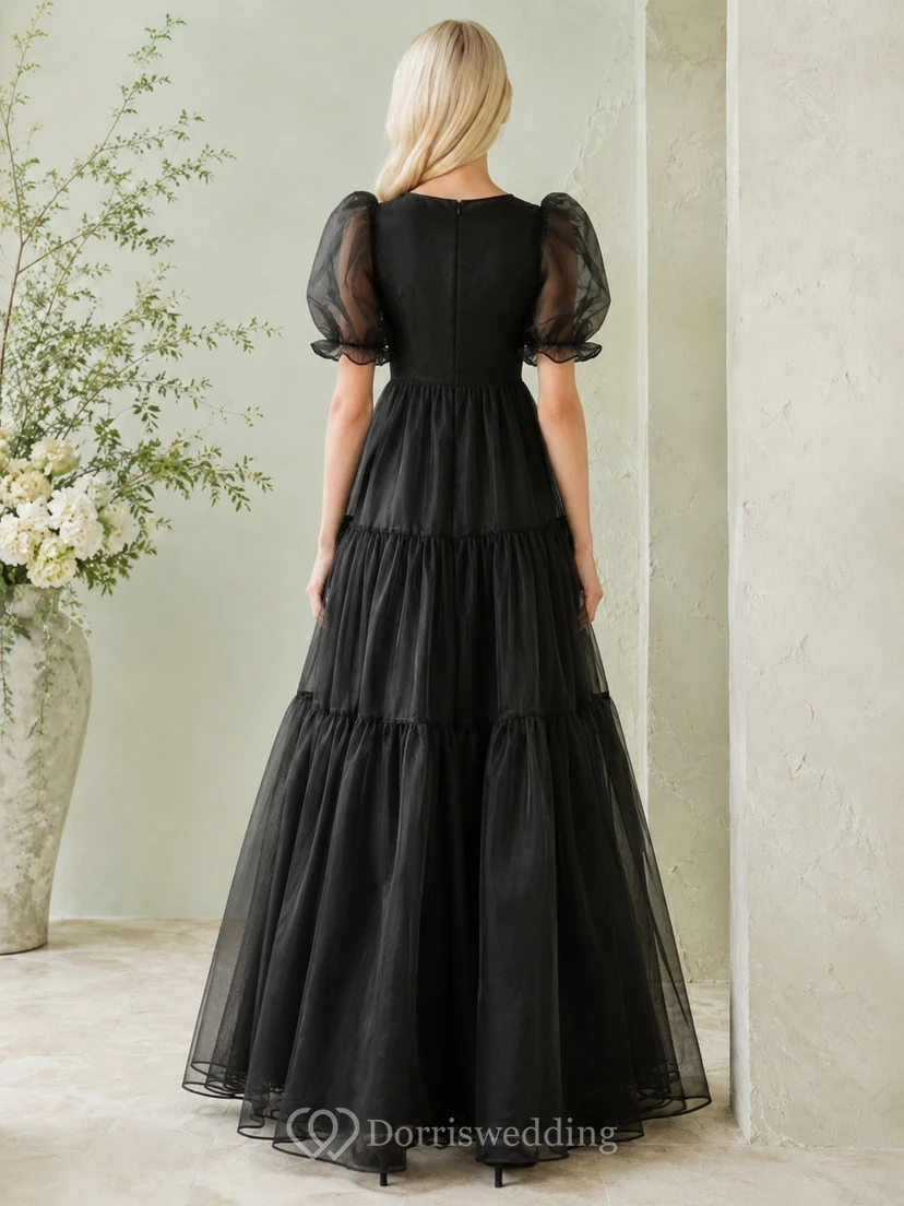 Black Tulle Square Neck Puff Sleeve Tiered A-Line Floor-length Dress view 2