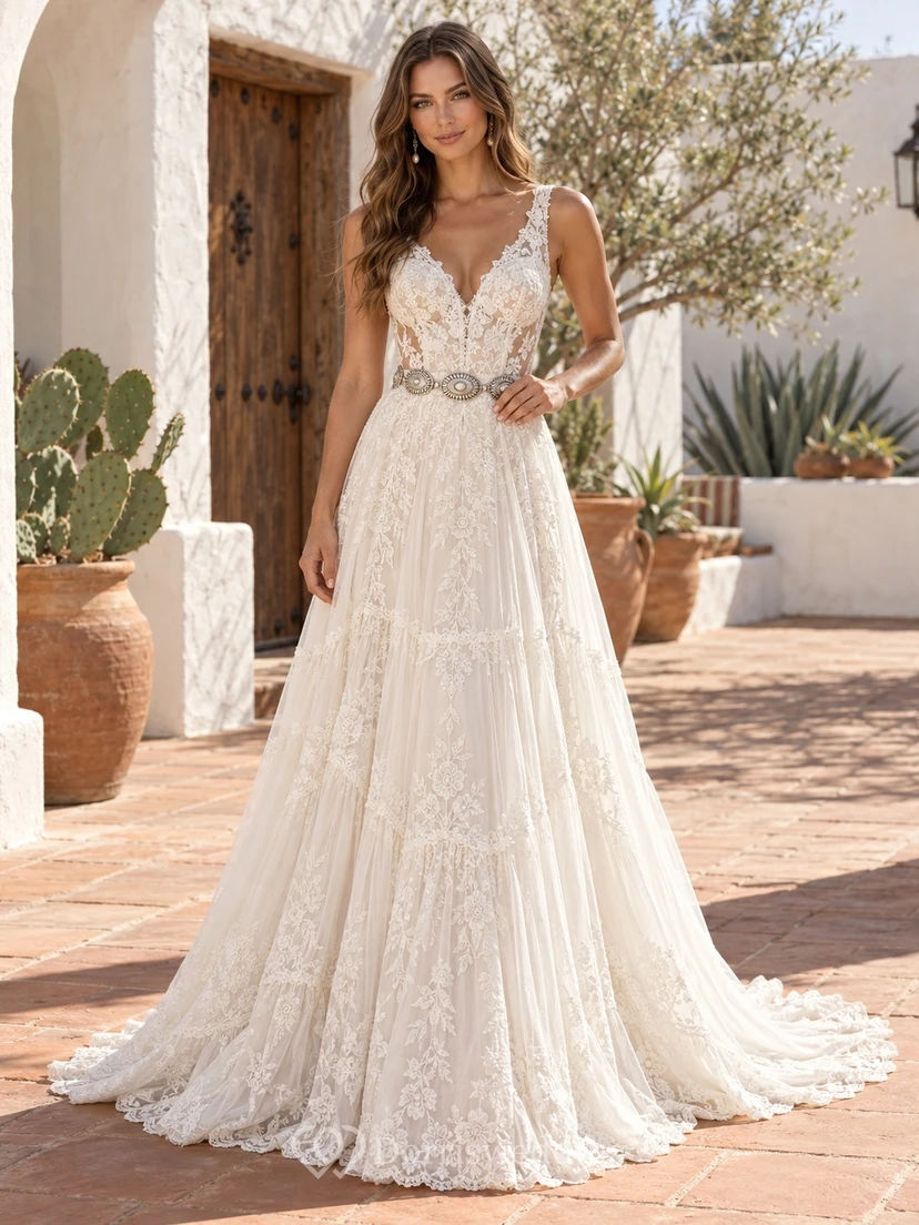 Boho Western Rustic V-neck Medallion Waist Lace A-line Wedding Dress