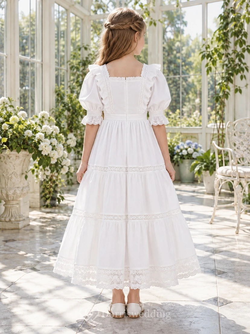 Victorian White Square Neck Puff Sleeve Tiered Flower Girl Dress view 2