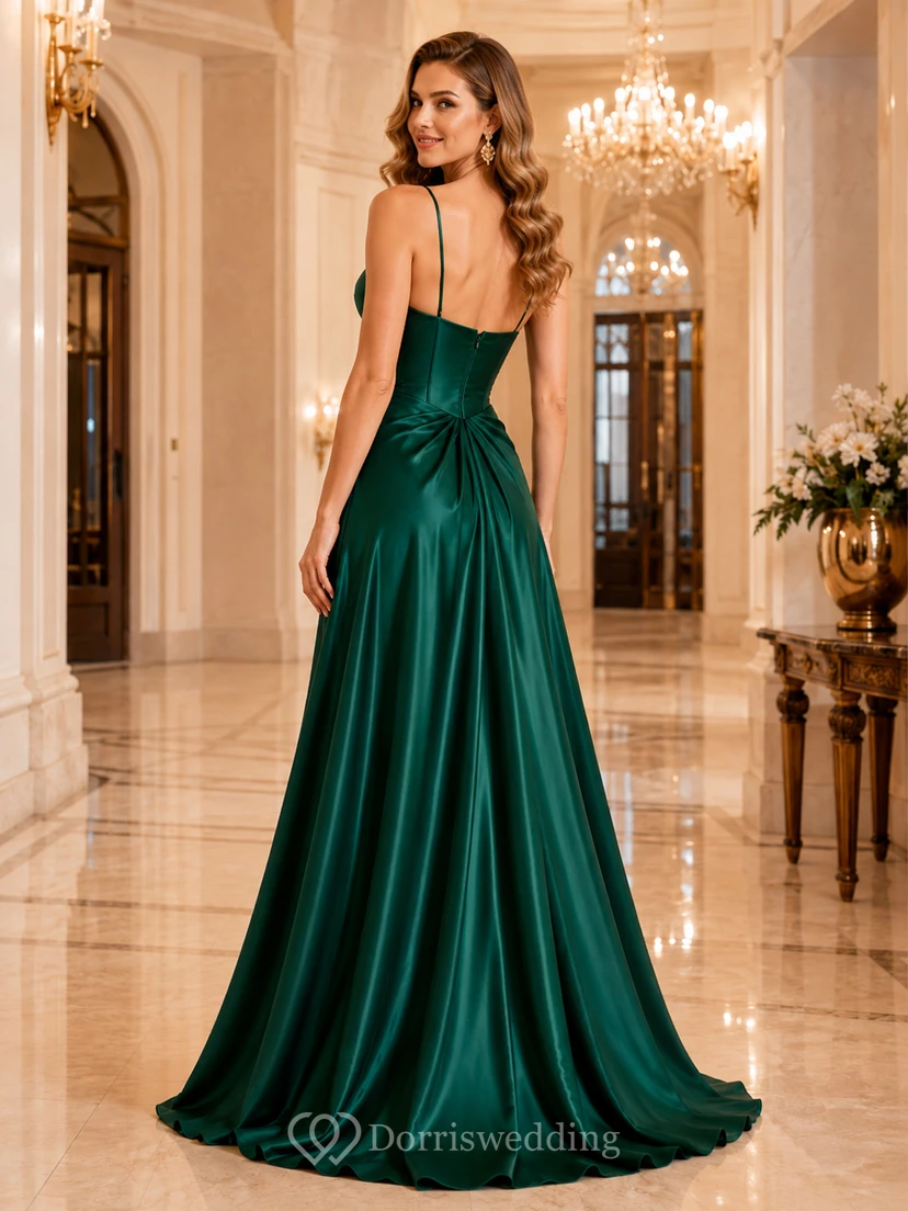 Sexy Emerald Satin Maturaball A Line Floor Length Spaghetti Sweetheart Split Gown view 2