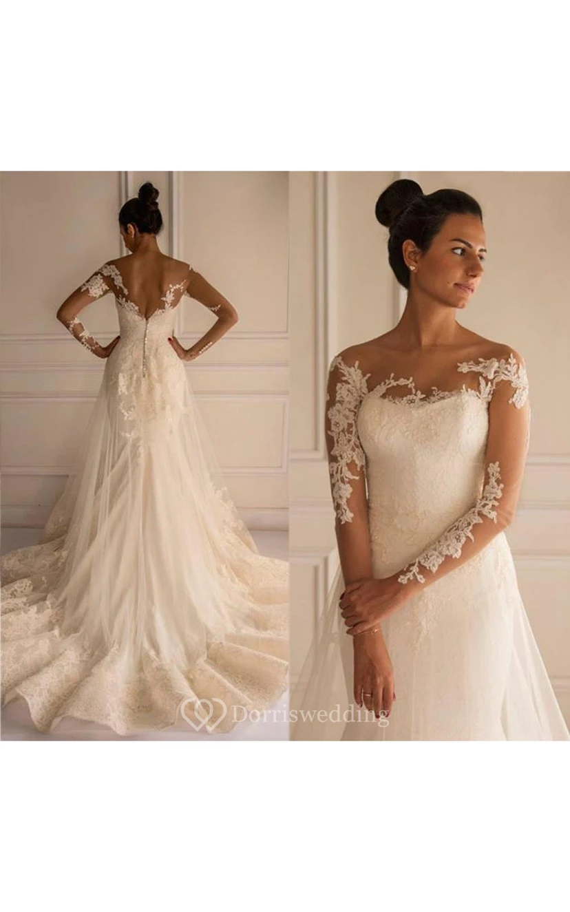 Elegantes Meerjungfrauen-Brautkleid aus Tüll mit Spitzenapplikationen, langen Ärmeln und Hofschleppe view 2