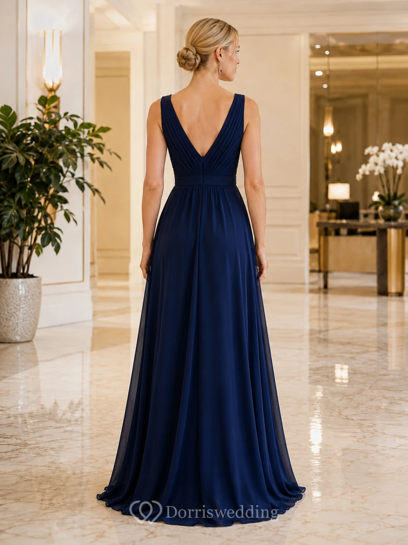 Elegant Dark Navy Chiffon Prom A Line Floor Length V Neck Split Gown view 2