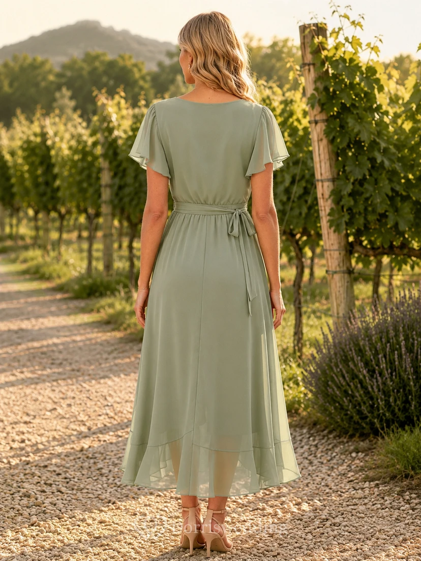 Salbeigrünes Chiffon-Wickelkleid mit V-Ausschnitt und asymmetrischem Saum view 2