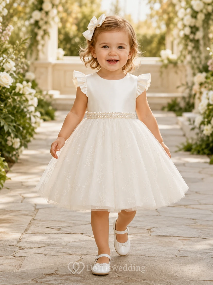 Robe de baptême pour bébé, coupe trapèze, manches papillon, en tulle, taille perlée, simple, élégante et adorable en dentelle