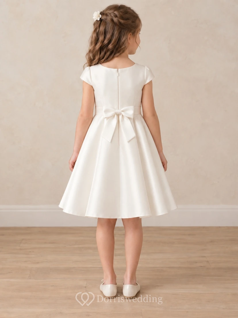 Simple Modest Cream Knee Length Cap Sleeve Side Pleated Satin Bow Flower Girl Dress view 2