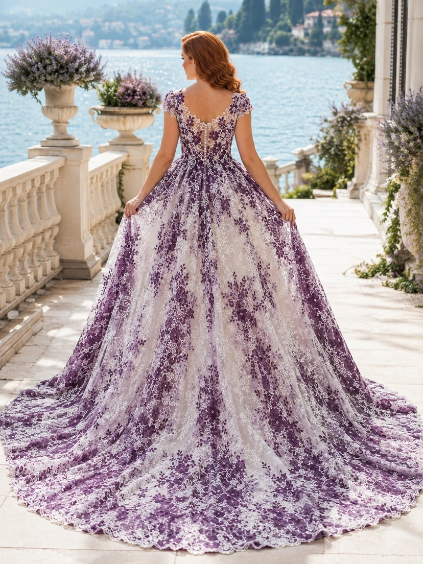 Purple Floral Ball Gown Lace Bridal Dress V-neck Sleeveless Cathedral Train view 2
