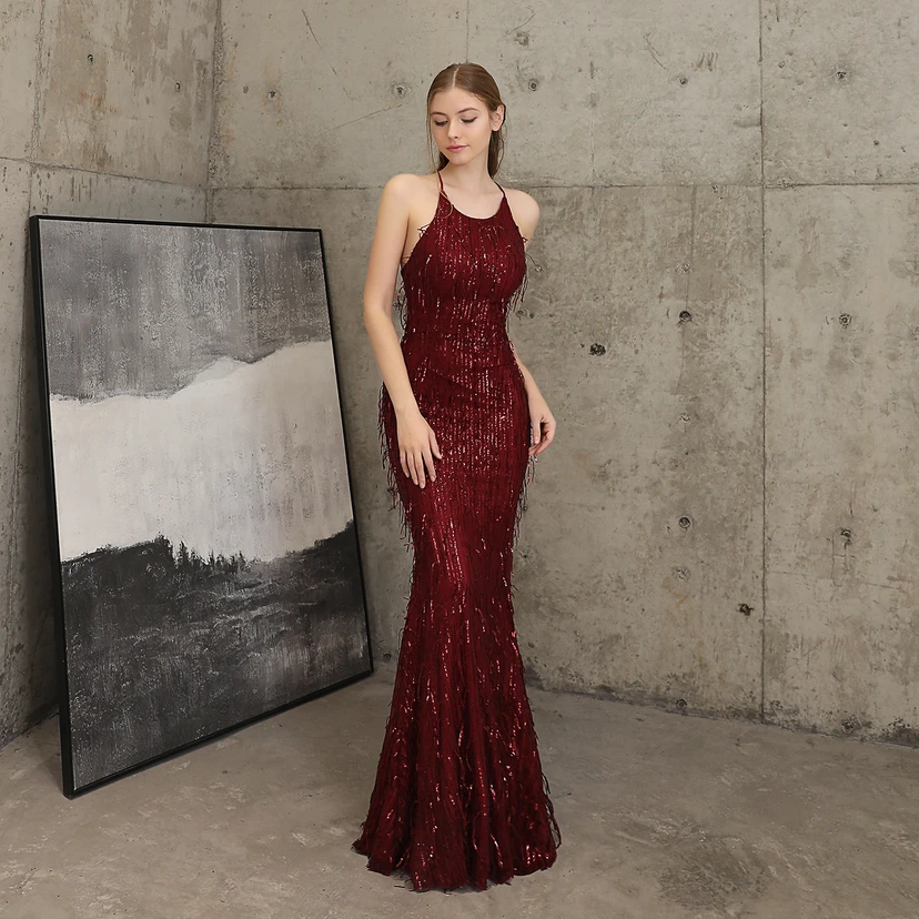 Vestido de noche elegante con borla de hilo de seda de poliéster y lentejuelas estilo cola de pez para banquetes, reuniones y eventos. Ideal para anfitriones. Modelo de coche. Otoño. view 40