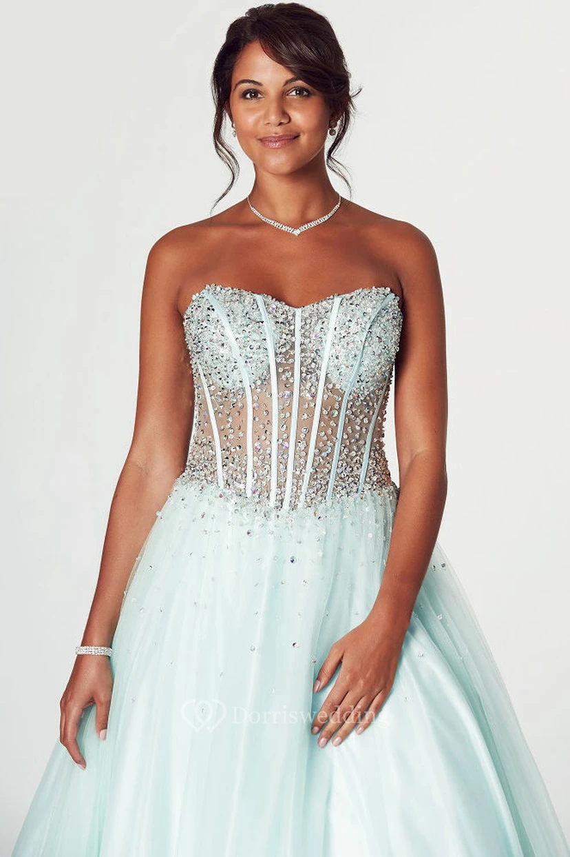 A-Line Strapless Beaded Tulle Prom Dress With Lace-Up Back view 3