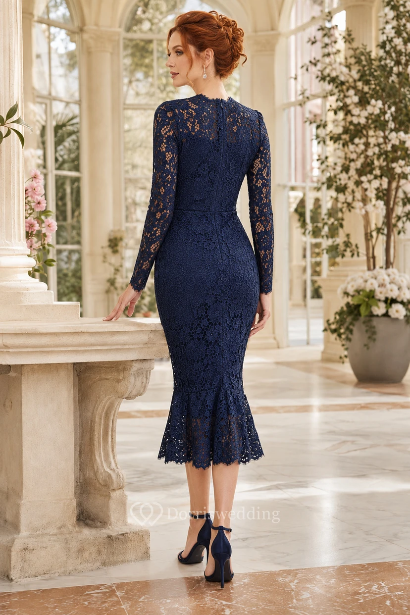 Robe sirène bleu marine foncé à manches longues et col en V, en dentelle, longueur thé, idéale pour la mère de la mariée, les invitées à un mariage et les événements formels. view 2
