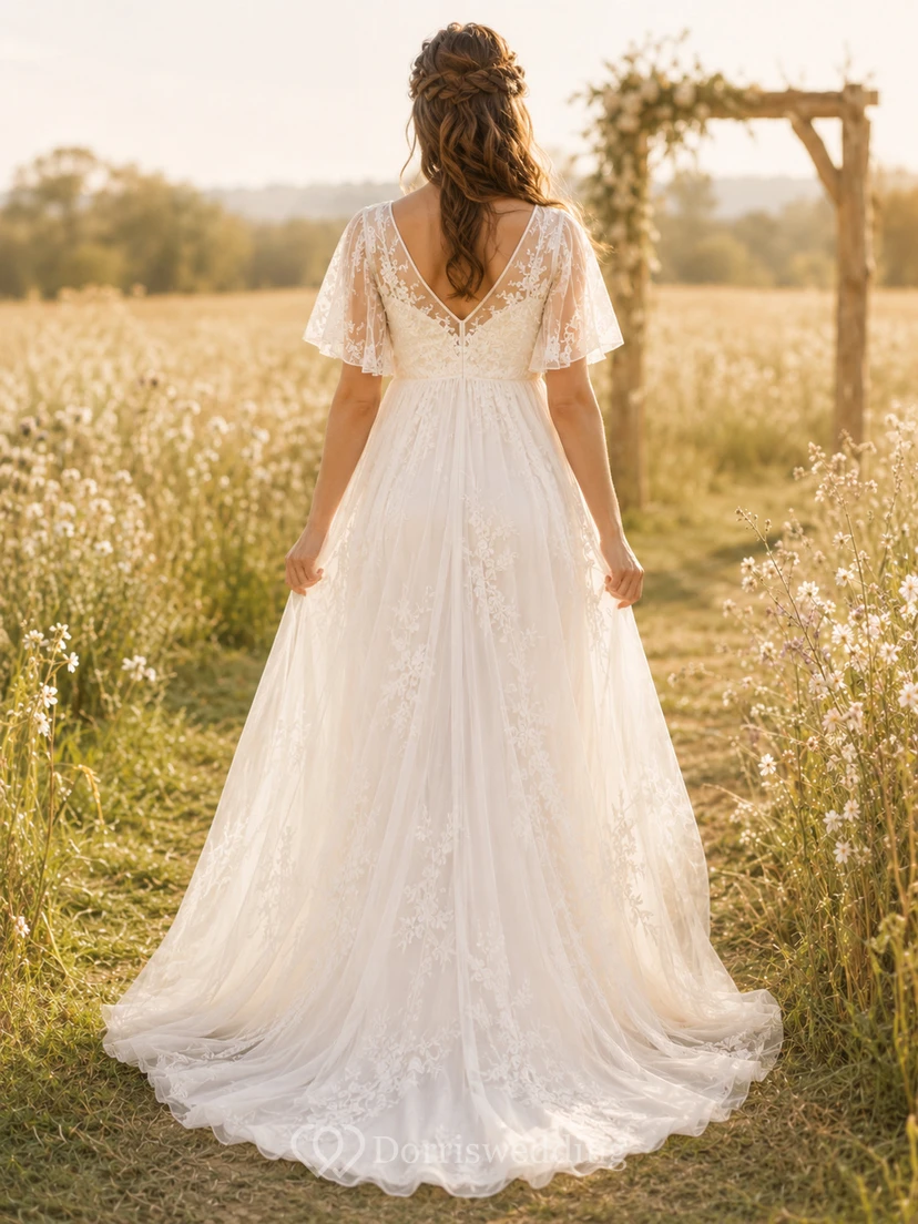 Robe de mariée de maternité en mousseline de soie, coupe trapèze, col en V, manches papillon, dentelle, longueur au sol view 2