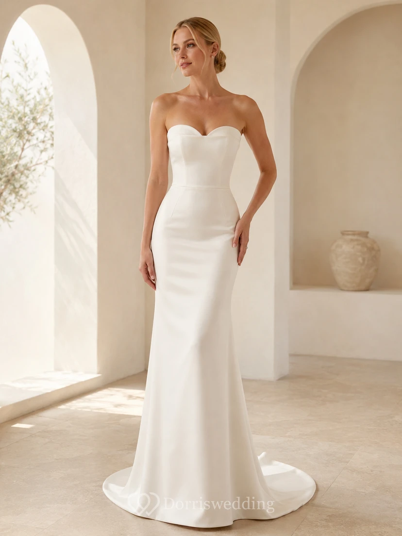 Brautkleid aus Stretch-Satin, ärmellos, mit Schleppe