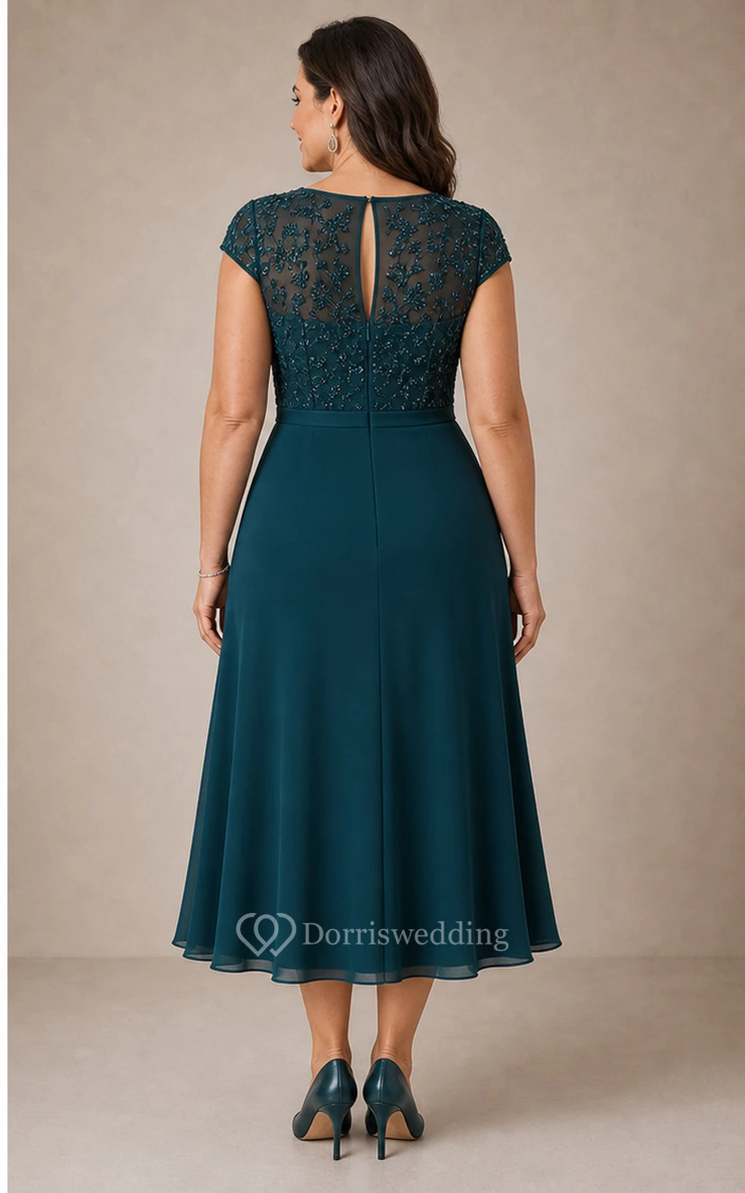 Peacock Lace Bodice Chiffon Tea-Length Dress view 2