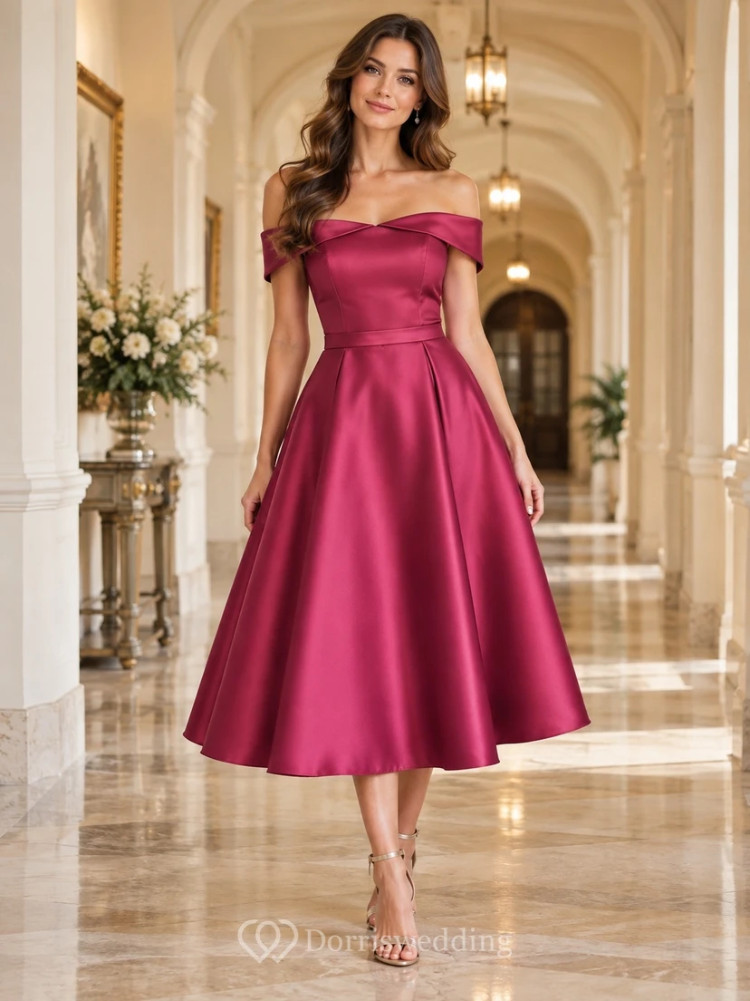 Vestido de dama de honor elegante, elegante, de satén, con estructura plisada, estructurada y falda acampanada, de largo hasta la rodilla, color frambuesa vintage.