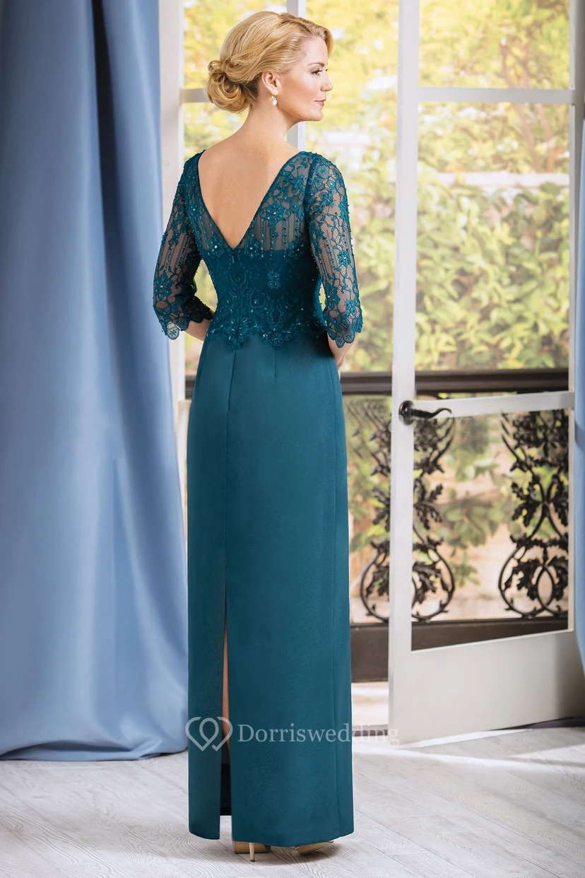 3-4 Sleeved V-Neck Long Mother Of The Bride Dress With Lace Bodice And V-Back view 2