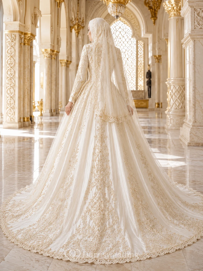 Robe de bal de luxe musulmane à manches longues brodée d'or view 2