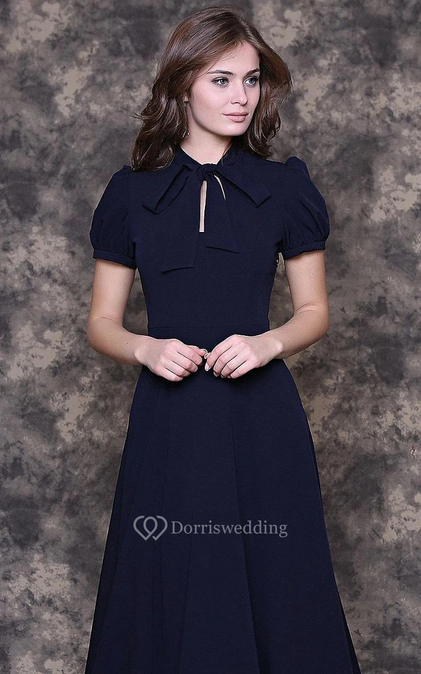 A-Line Chiffon Floor-Length Dress With Puff Short Sleeve view 2